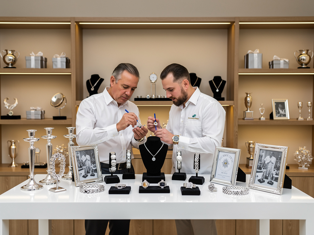 Dos joyeros examinan relojes de lujo en una elegante joyería con vitrinas de joyas, trofeos y accesorios premium