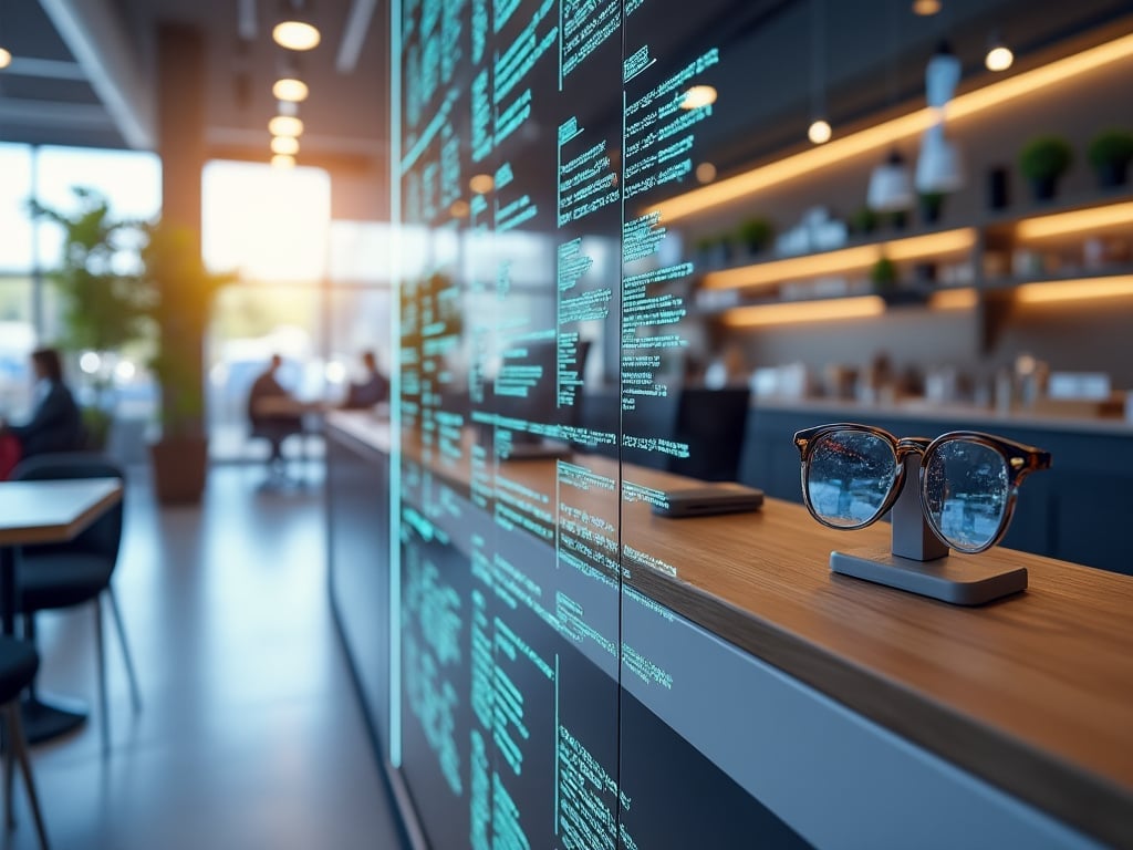 Gafas VR sobre mesa en café moderno con pantalla digital mostrando código.