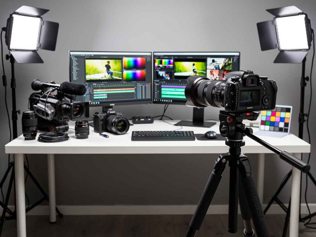 Estudio de producción de video con cámara DSLR en trípode, luces LED, monitores de edición y equipo fotográfico profesional