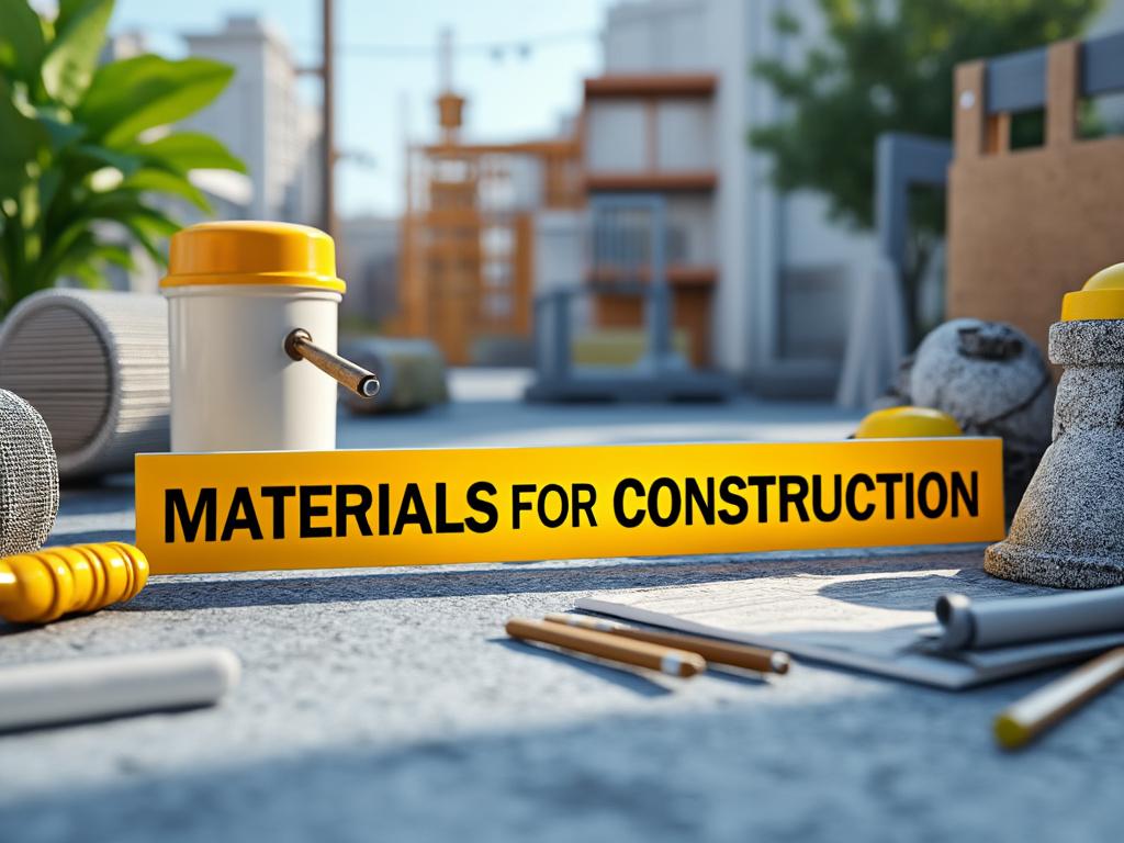 Cartel de 'Materials for Construction' sobre fondo de herramientas en un sitio de construcción.