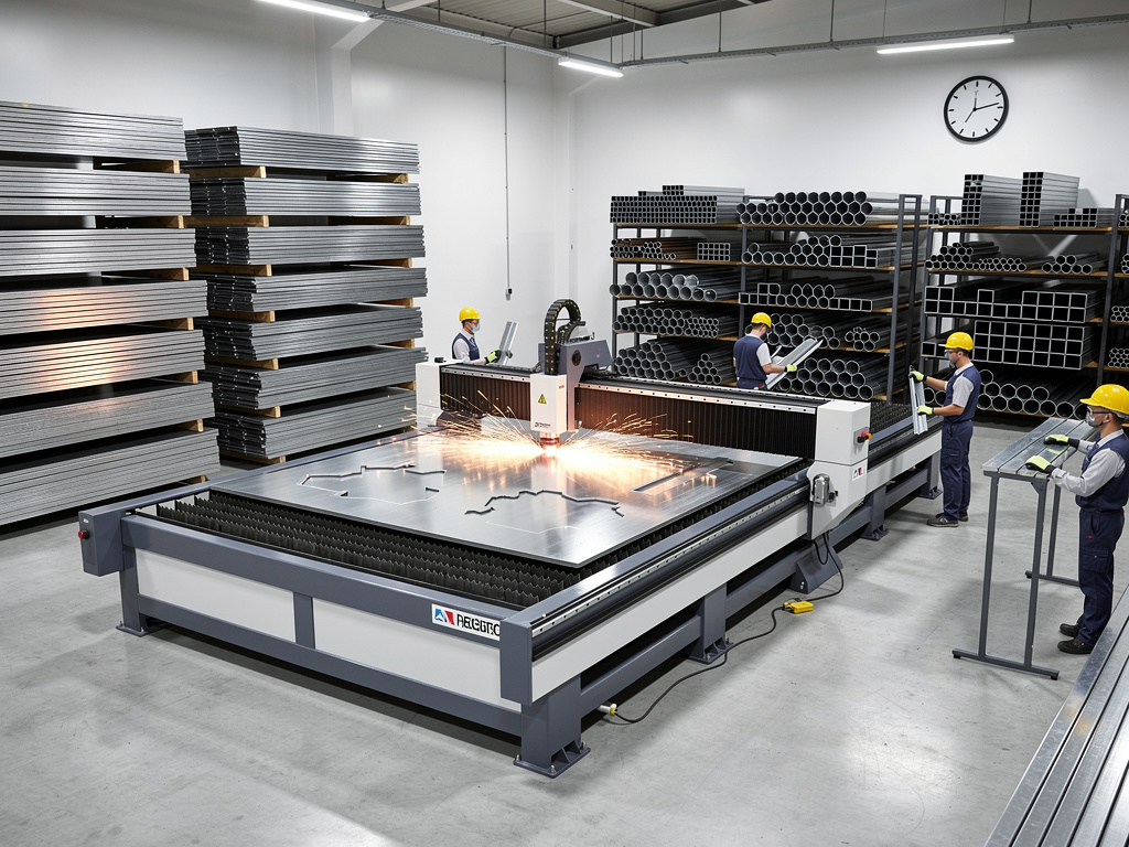 Máquina CNC de corte láser de metal trabajando en fábrica con operarios y estanterías de tubos y chapas de acero Máquina CNC de corte láser de metal trabajando en fábrica con operarios y estanterías de tubos y chapas de acero