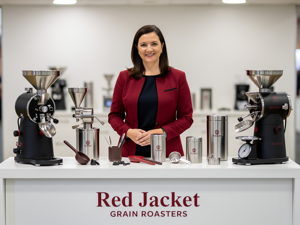 Woman presenting Red Jacket grain roasters and stainless steel coffee roasting accessories on a showroom counter