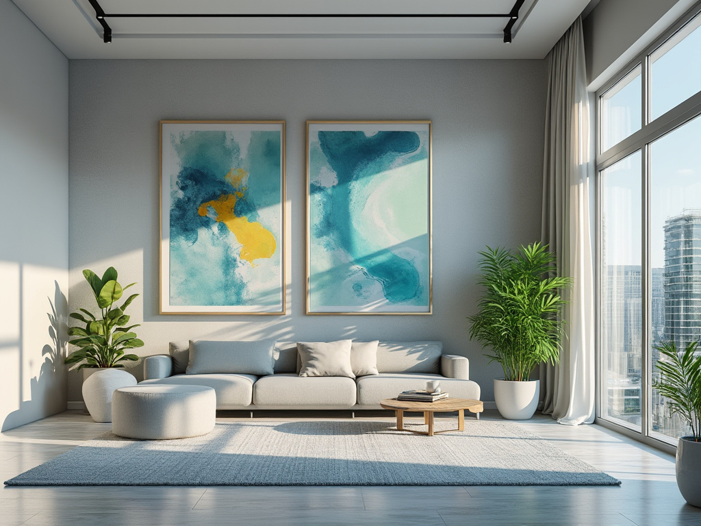 Sala de estar moderna con sofá claro, cuadros abstractos, plantas de interior y grandes ventanales con vista urbana Sala de estar moderna con sofá claro, cuadros abstractos, plantas de interior y grandes ventanales con vista urbana