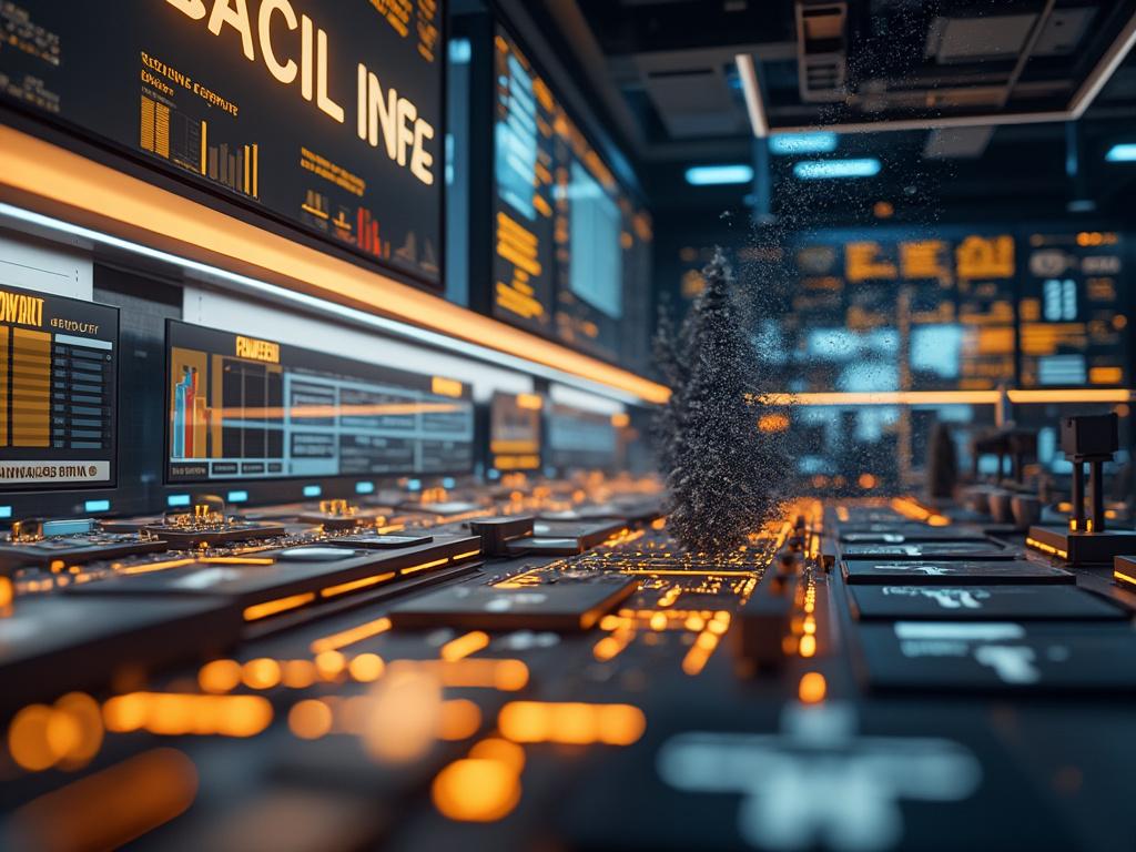 Futuristic control room with illuminated digital screens and data analytics visuals.