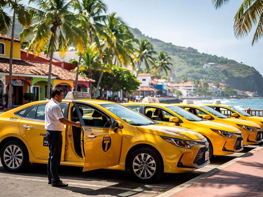 Taxis amarillos alineados junto al malecón tropical con palmeras, conductor abriendo la puerta y montañas al fondo