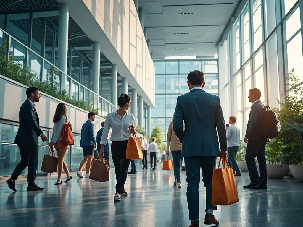 Personas caminando en un centro comercial iluminado con bolsas de compras y ventanas grandes.