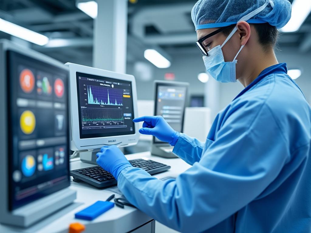 Técnico de laboratorio con equipo de protección maneja computadora en laboratorio médico.