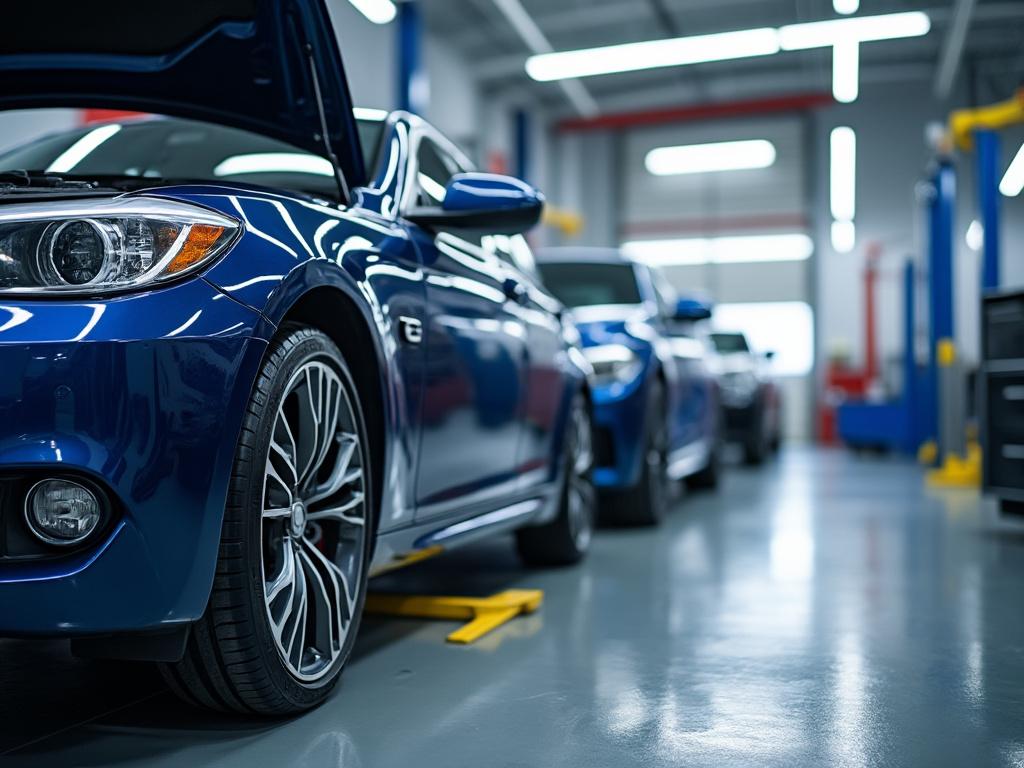 Coches azules en un taller mecánico con enfoque en llantas y diseño moderno.