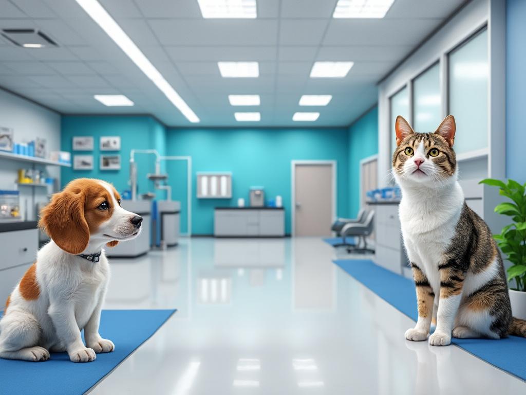 Perro y gato en una clínica veterinaria moderna con paredes azules y equipo médico.