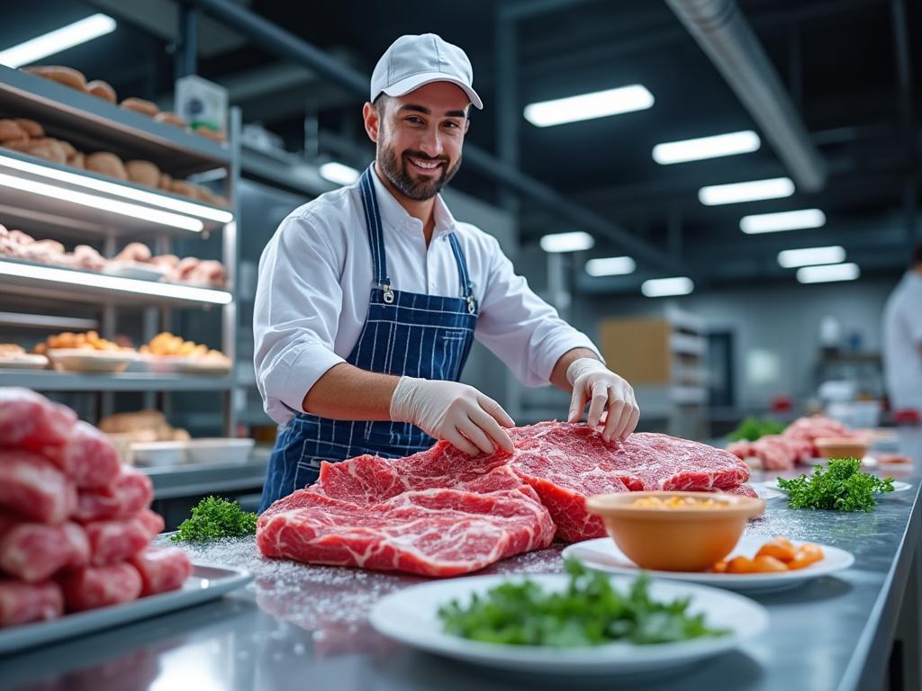 Smiling butcher in uniform preparing raw meat cuts in a modern kitchen setting, surrounded by fresh ingredients.