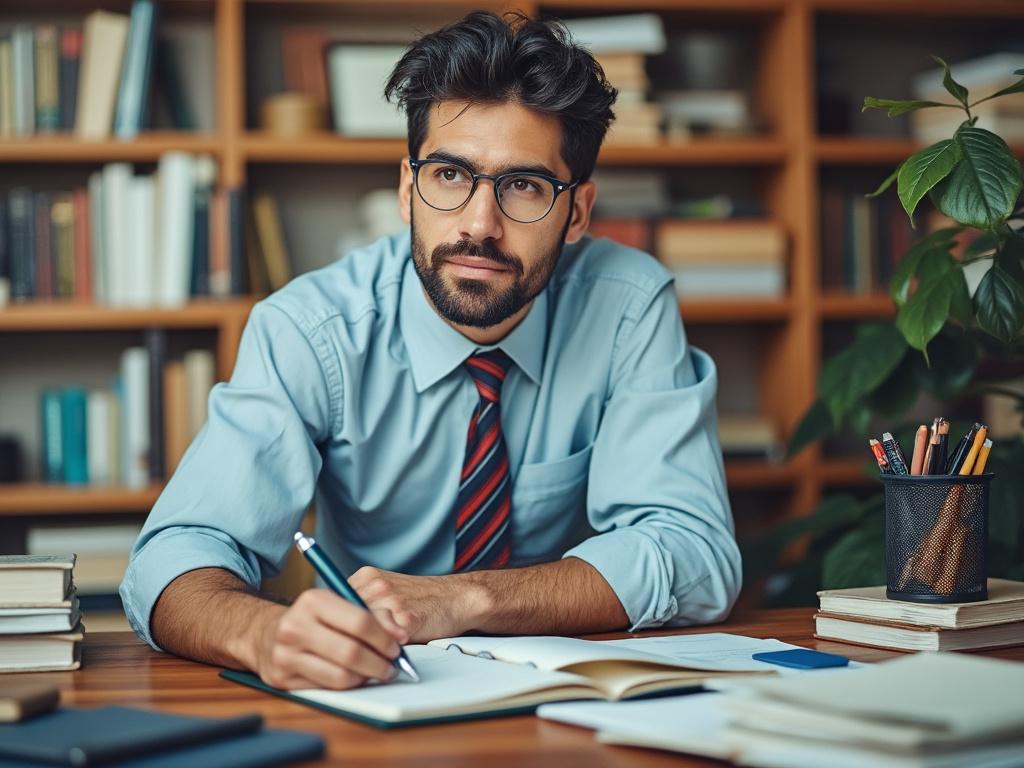 Man with glasses writing in a notebook at a desk with books and a plant, wearing a blue shirt and red tie, in a library setting.