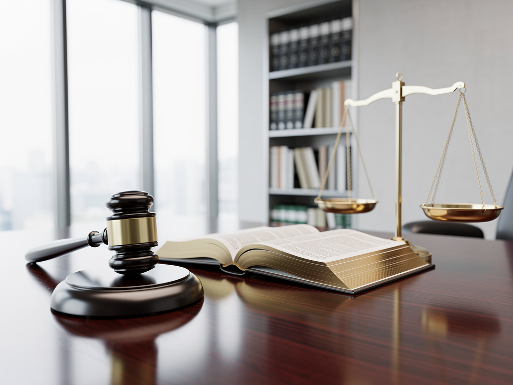 Mazo de juez, balanza de la justicia y libro legal abierto sobre escritorio en oficina de abogados