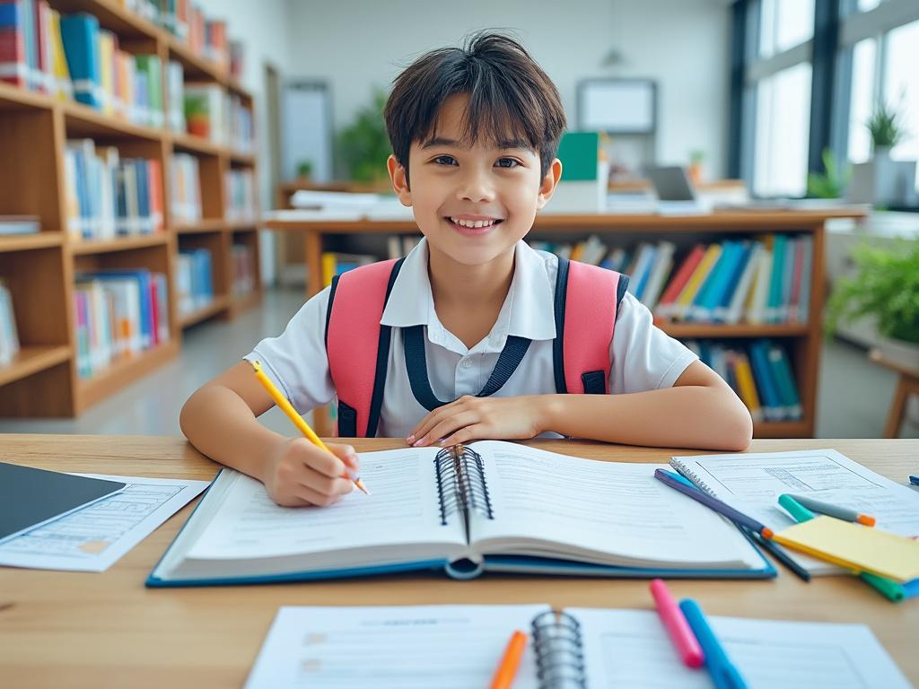 Niño sonriente con mochila rosa estudiando en biblioteca, rodeado de libros y material escolar.