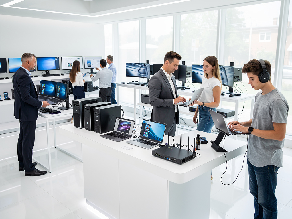 Clientes probando portátiles, ordenadores y routers en una moderna tienda de tecnología
