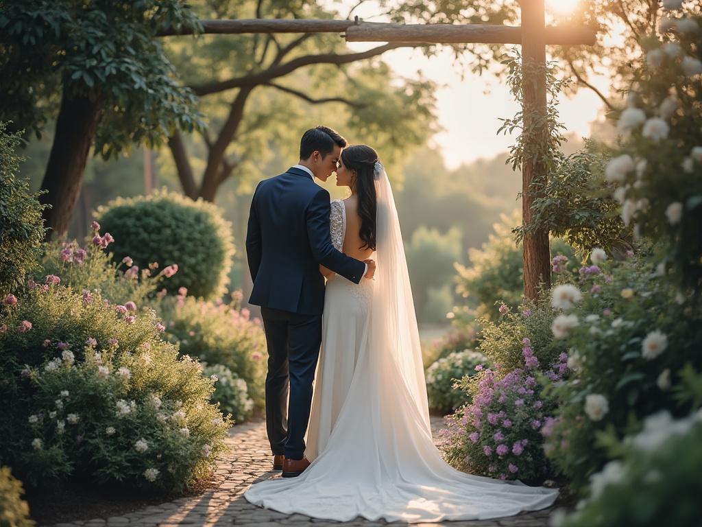 Bride and groom embracing in a sunlit garden path surrounded by blooming flowers. Bride and groom embracing in a sunlit garden path surrounded by blooming flowers.