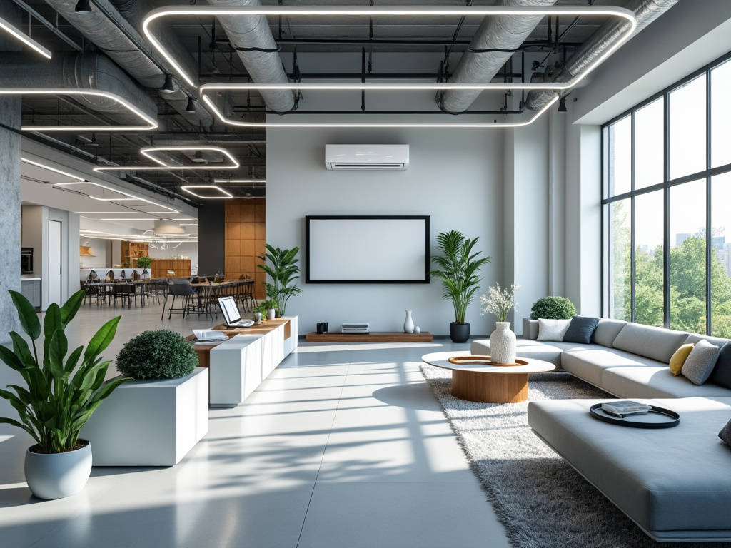 Moderno espacio de oficina con sala de estar, sofás grises, plantas decorativas y grandes ventanales. Moderno espacio de oficina con sala de estar, sofás grises, plantas decorativas y grandes ventanales.