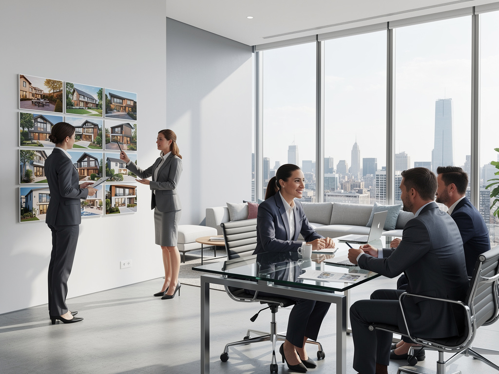 Reunión de agentes inmobiliarios en oficina moderna con fotos de casas y vista urbana