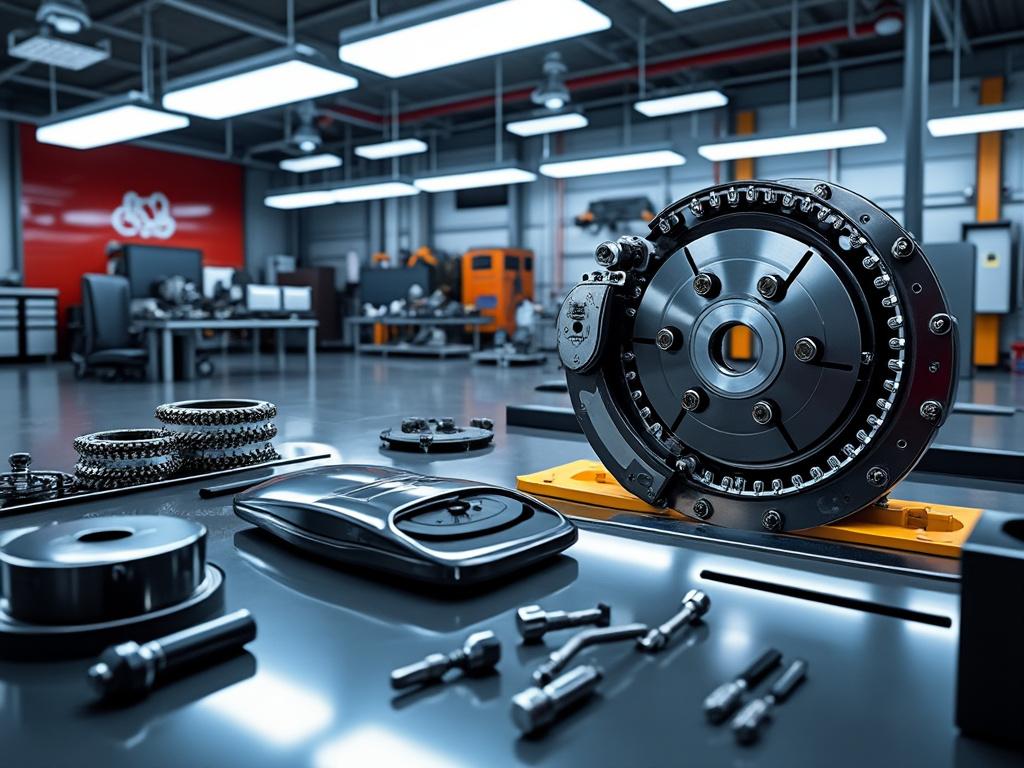 Piezas de maquinaria en una fábrica moderna con iluminación industrial.