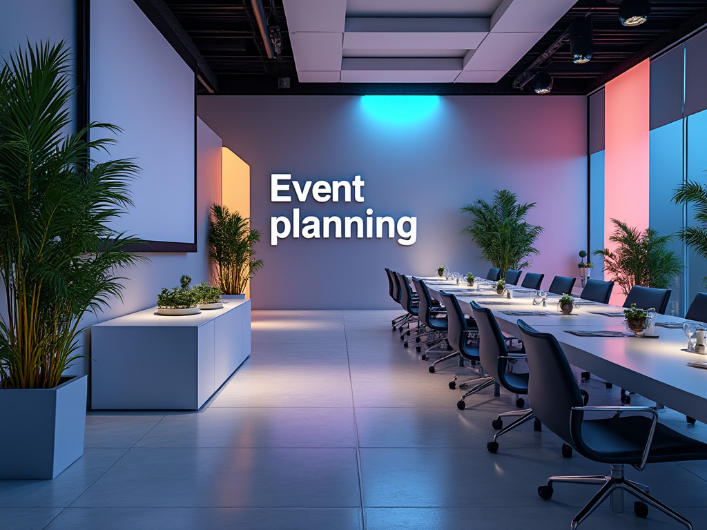 Sala de conferencias moderna con sillas negras y mesas blancas, iluminación azul y rosa, plantas decorativas y letrero de 'Event planning' en la pared. Sala de conferencias moderna con sillas negras y mesas blancas, iluminación azul y rosa, plantas decorativas y letrero de 'Event planning' en la pared.