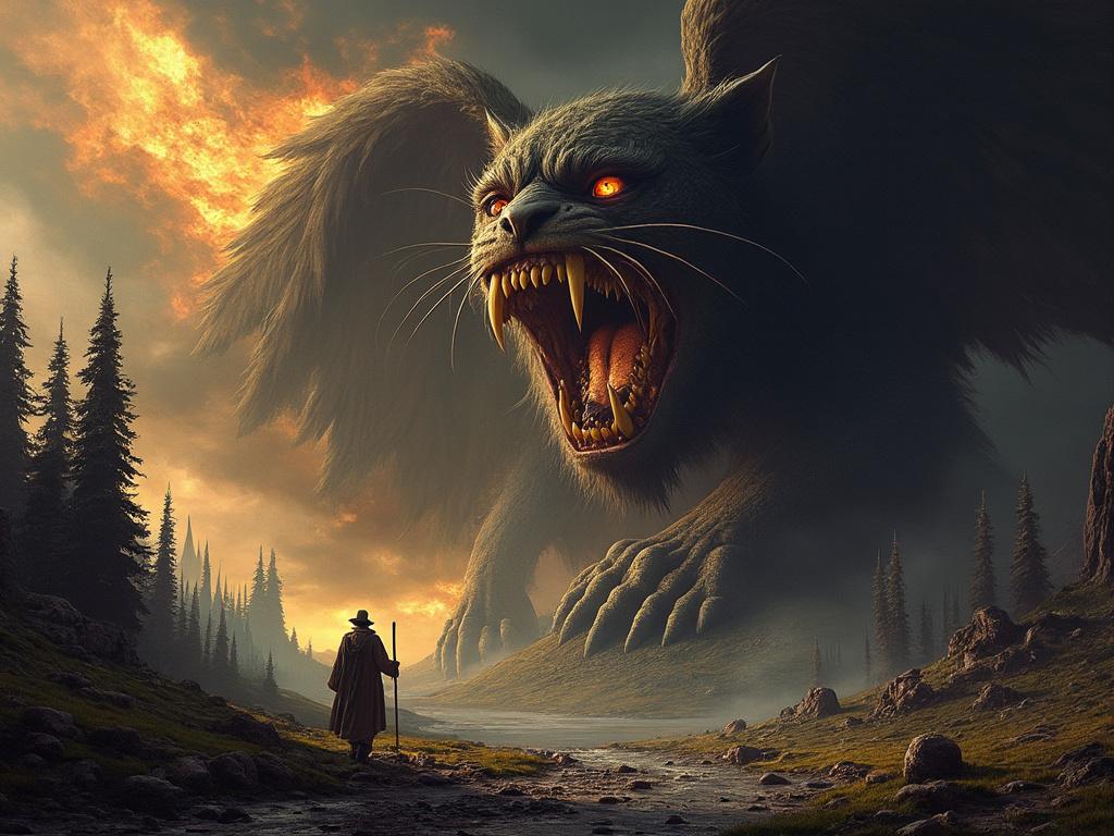 A lone traveler stands before a gigantic, mythical cat with fiery eyes and wings, set against a dramatic forest landscape with a blazing sky.