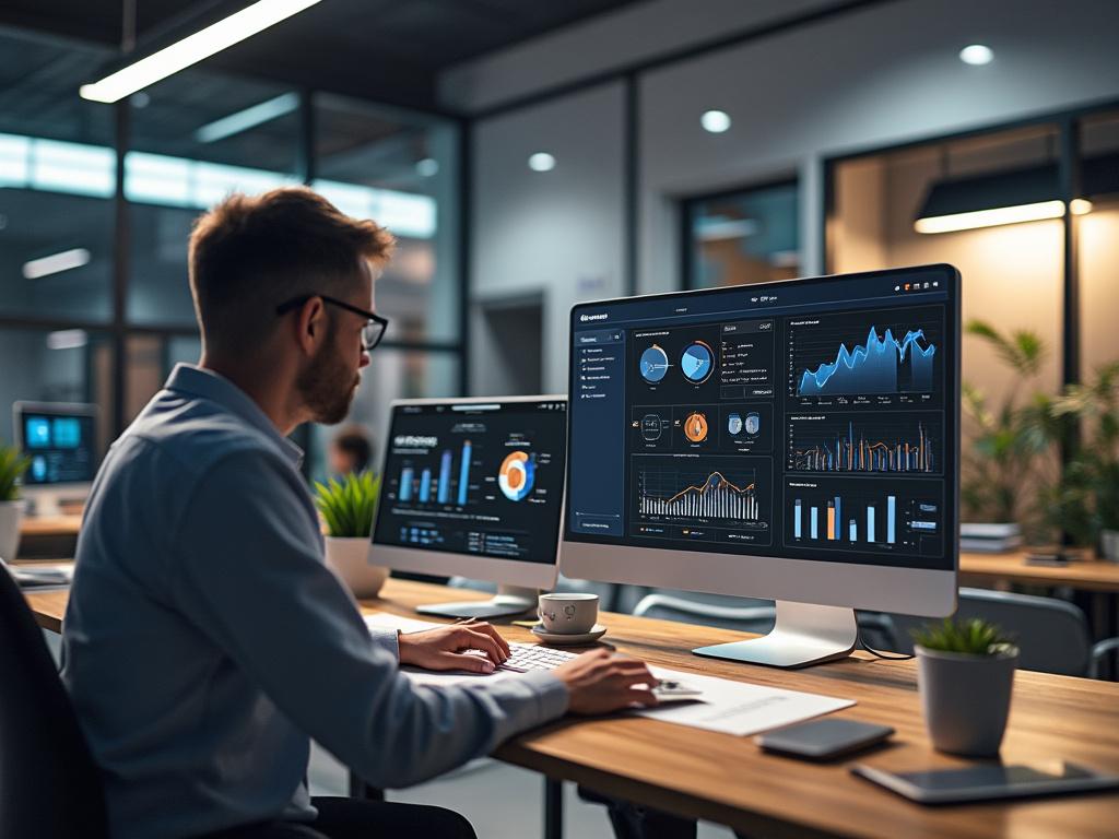 Hombre usando mascarilla frente a monitores de computadora con gráficos y datos en una oficina moderna. Hombre usando mascarilla frente a monitores de computadora con gráficos y datos en una oficina moderna.