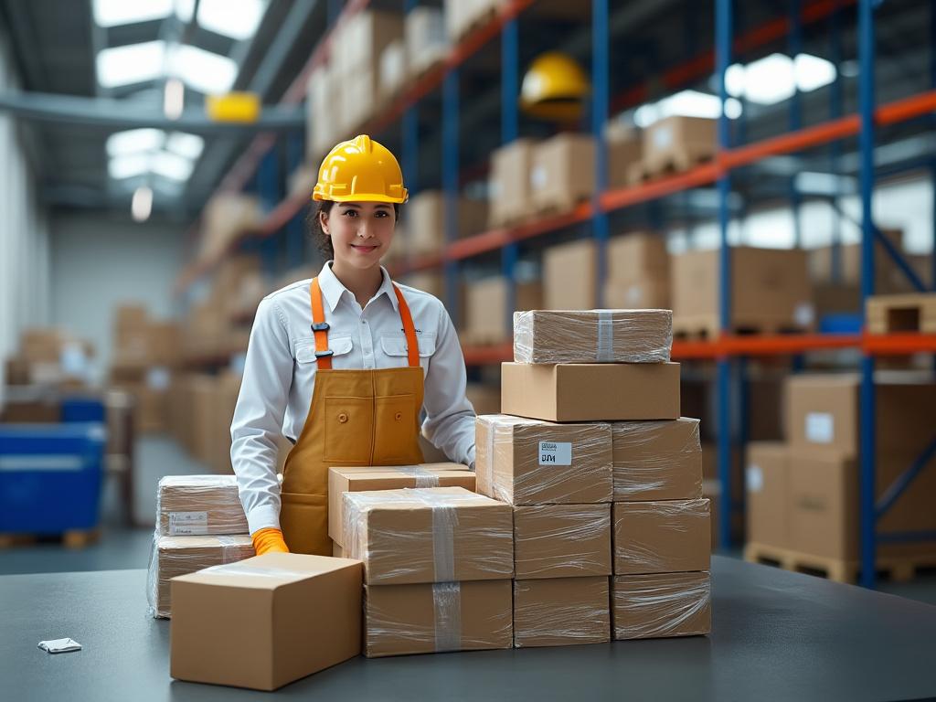 Trabajadora de almacén con casco amarillo, de pie junto a cajas apiladas en un almacén.