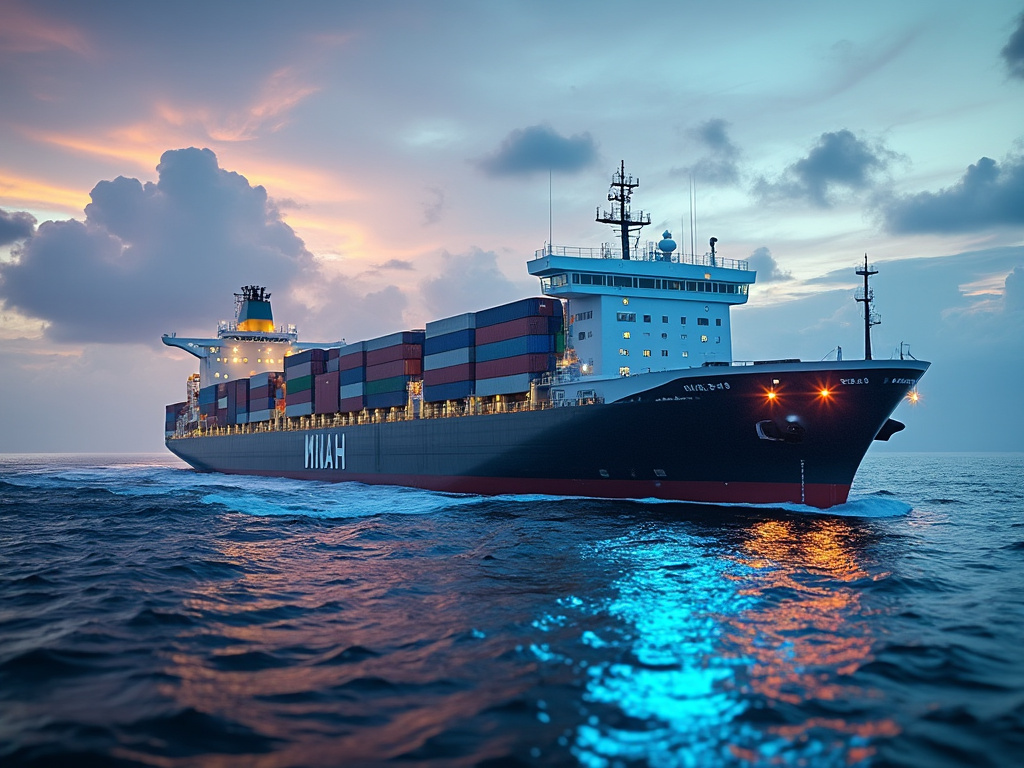 Large container cargo ship sailing on ocean at sunset with colorful freight containers and illuminated deck lights