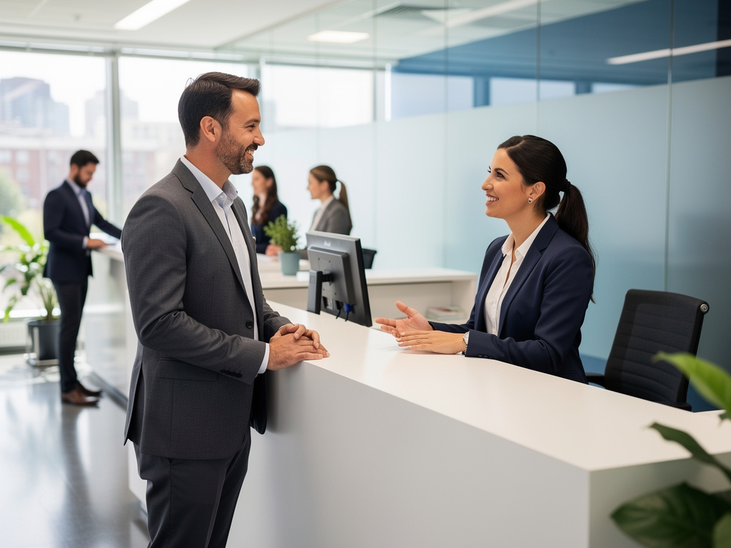 Recepcionista atendiendo a un empresario en la recepción de una oficina moderna