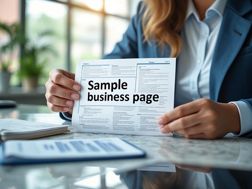 Person in business attire holding a sample business page document in a modern office setting. Person in business attire holding a sample business page document in a modern office setting.
