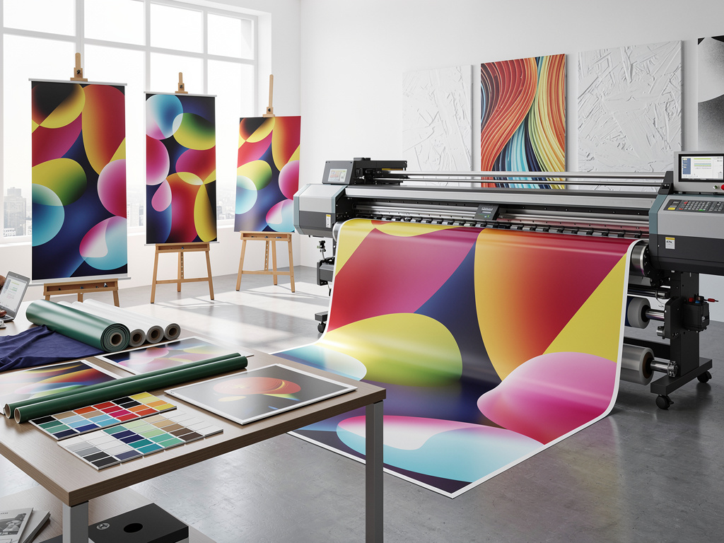Impresora de gran formato imprimiendo gráficos coloridos en estudio de diseño con muestras de color y carteles