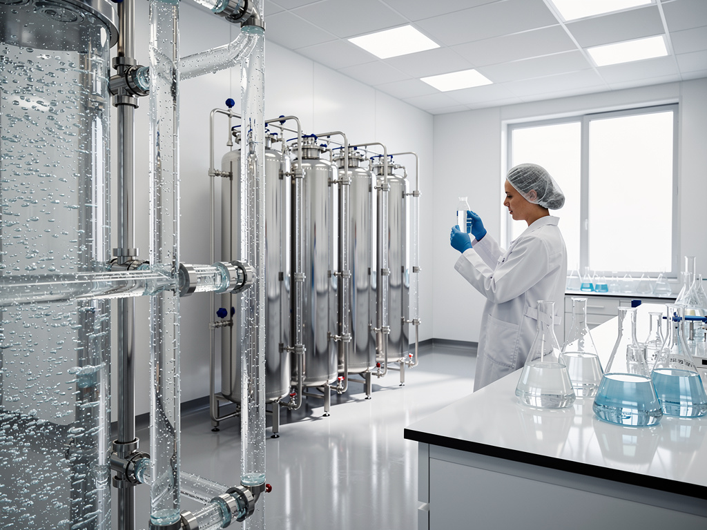 Científica en laboratorio moderno analizando muestras junto a equipos de filtración industrial y matraces con líquidos azules