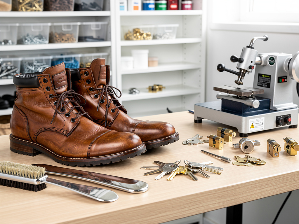 Botas de cuero marrón en taller de reparación de calzado y cerrajería con llaves, cerraduras y máquina duplicadora