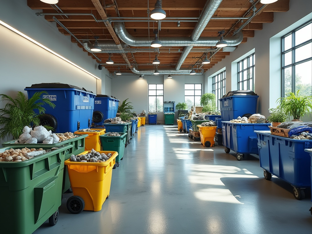 Spacious industrial recycling center with colorful bins and natural light.
