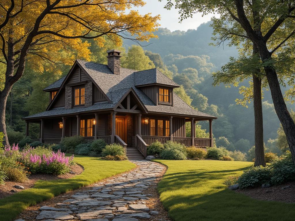 Rustic cottage with wooden exterior and illuminated windows, surrounded by lush green trees and a stone path, set in a serene forest landscape.
