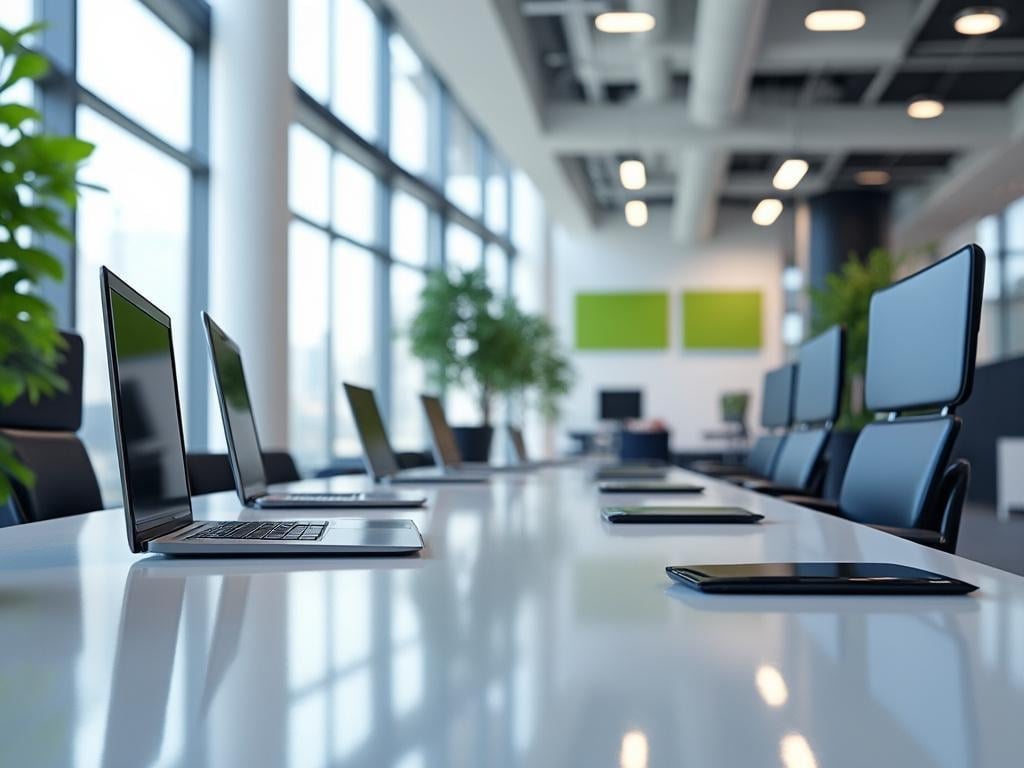 Moderna oficina con mesas equipadas con portátiles y sillas ergonómicas, rodeada de plantas y grandes ventanales.