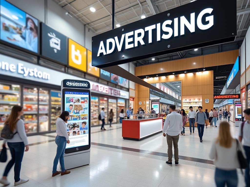Centro comercial moderno con pantallas de publicidad digital y personas caminando.