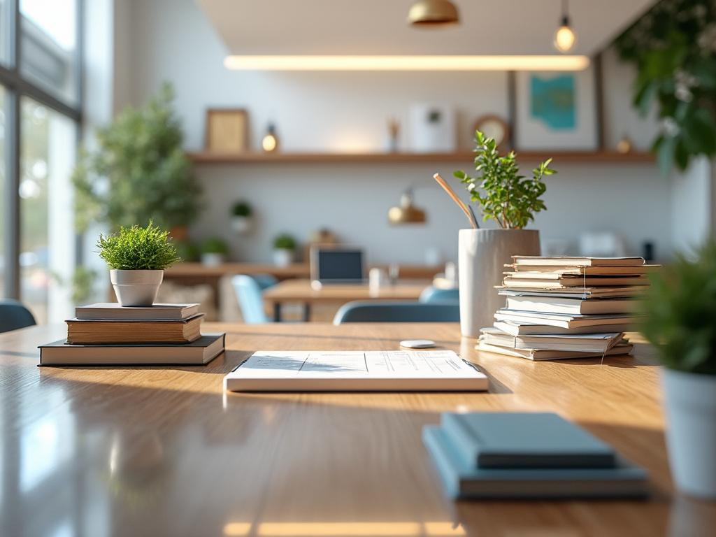 Espacio de trabajo moderno con mesa de madera, pilas de libros, plantas en macetas y fondo desenfocado de muebles y ventana.