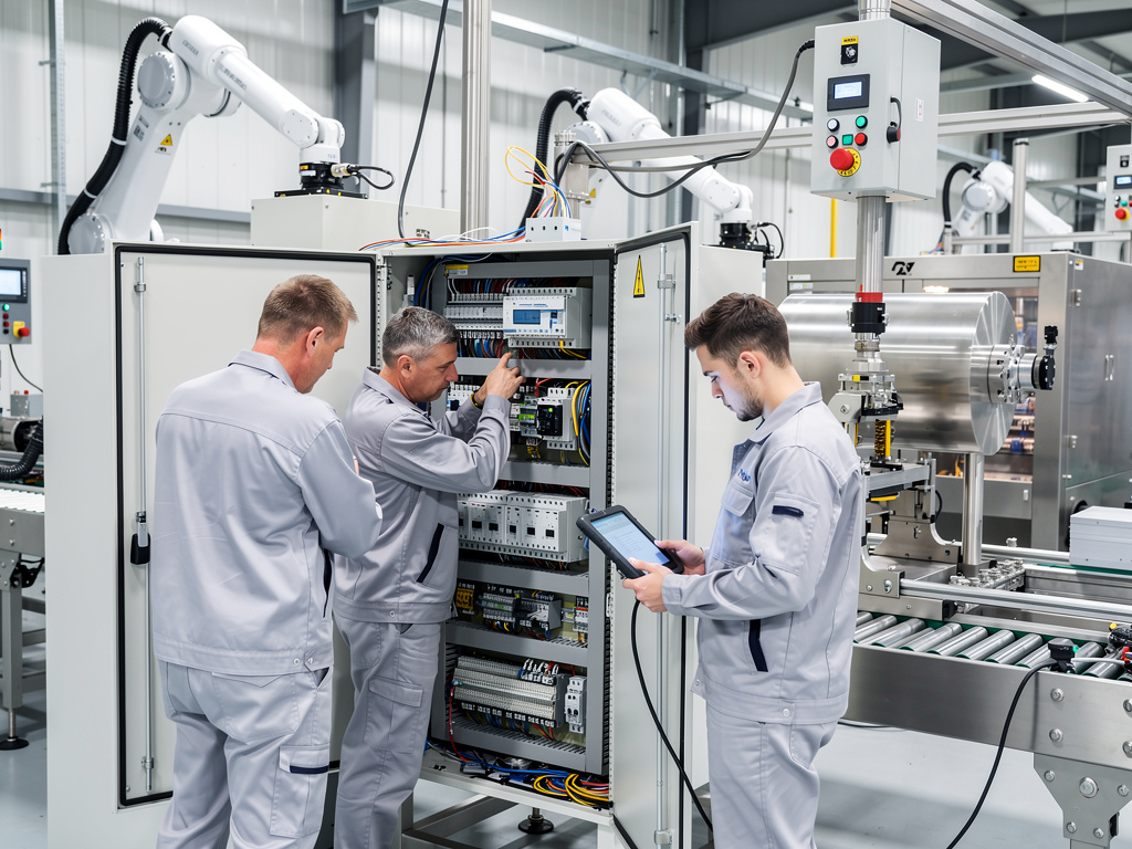 Técnicos revisando panel eléctrico en fábrica automatizada con robots industriales y línea de producción