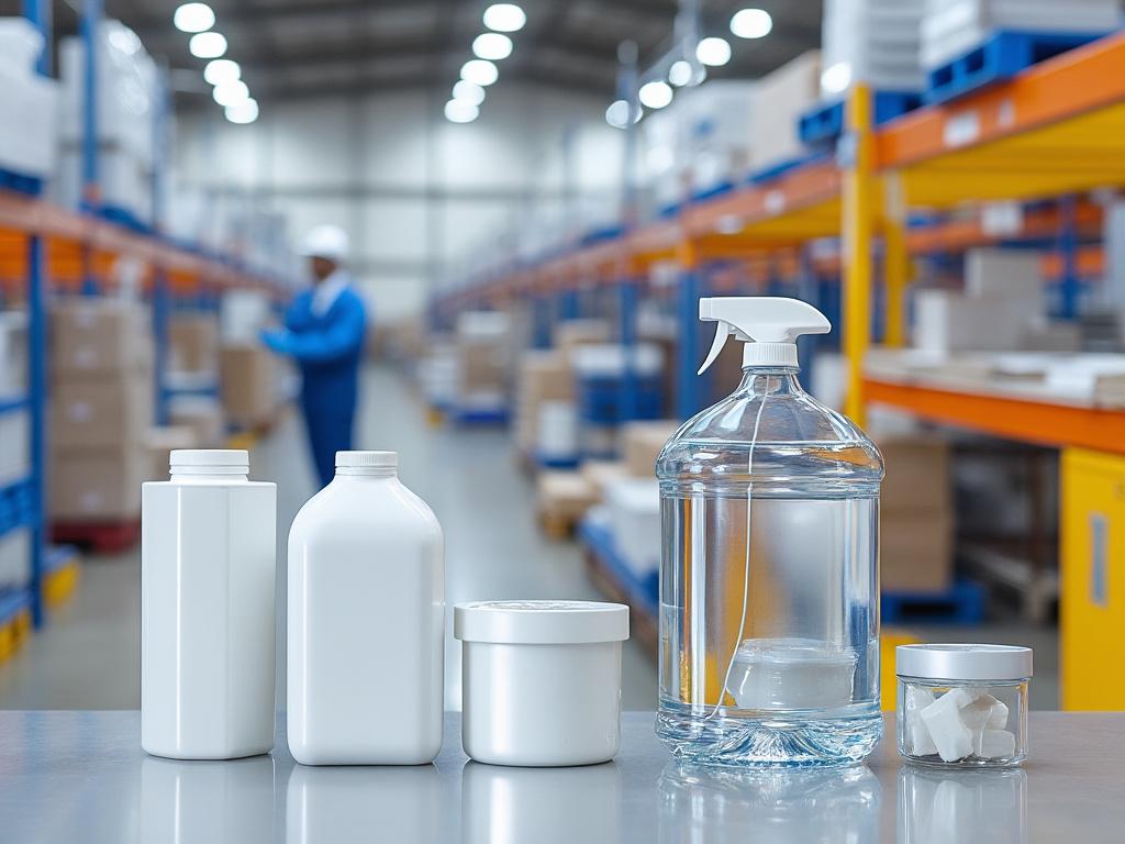 Assorted plastic containers and a spray bottle on a table in a warehouse with shelves.