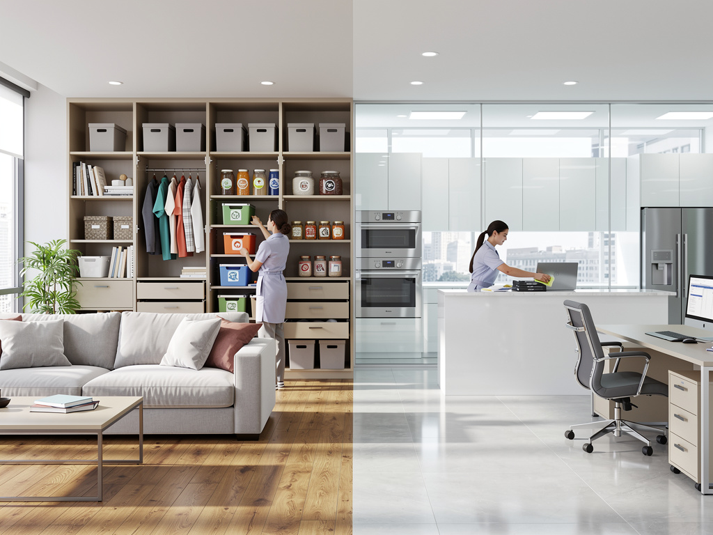 Split view of organized home living room storage and modern office kitchen with labeled recycling bins and workspace Split view of organized home living room storage and modern office kitchen with labeled recycling bins and workspace