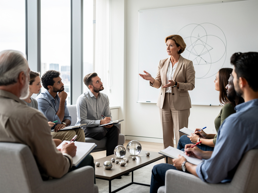 Business coach leading a professional team workshop in a modern office with whiteboard diagrams