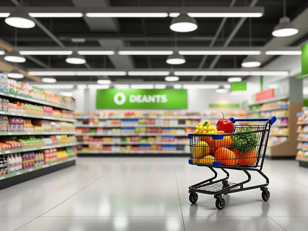 Carrito de compras lleno de frutas frescas en pasillo de supermercado iluminado.