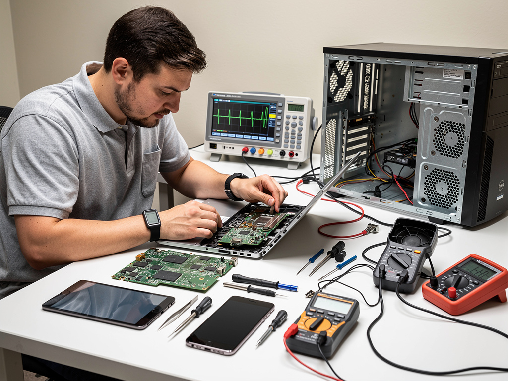 Técnico reparando placa base de portátil en taller con multímetros, osciloscopio y torre de PC abierta