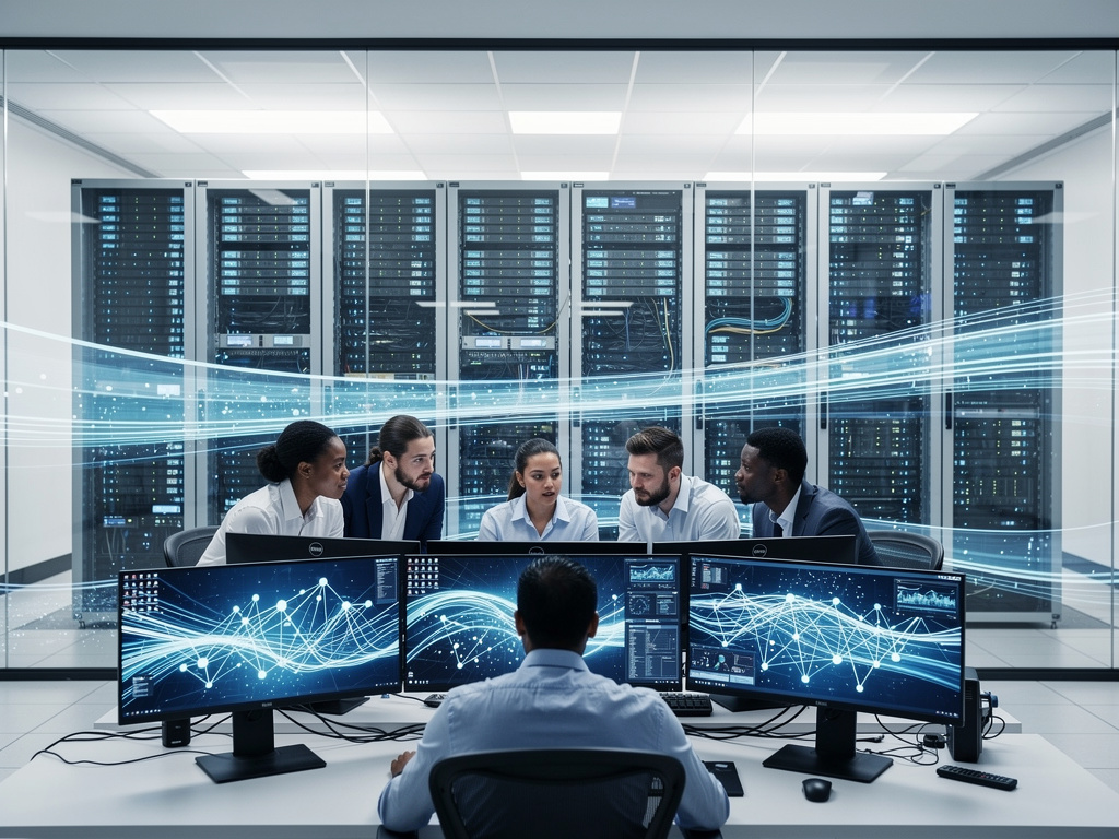Equipo de TI monitoreando servidores y redes en un centro de datos moderno con pantallas de análisis digital