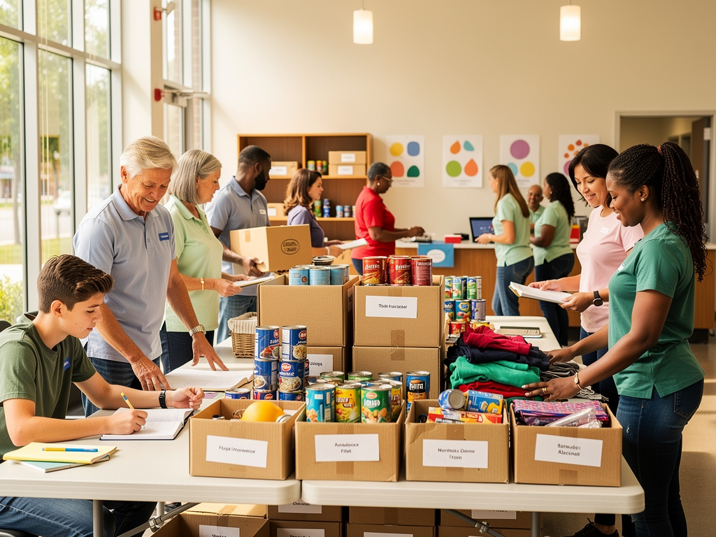 Volunteers organizing canned food, clothing, and school supplies at a community donation drive