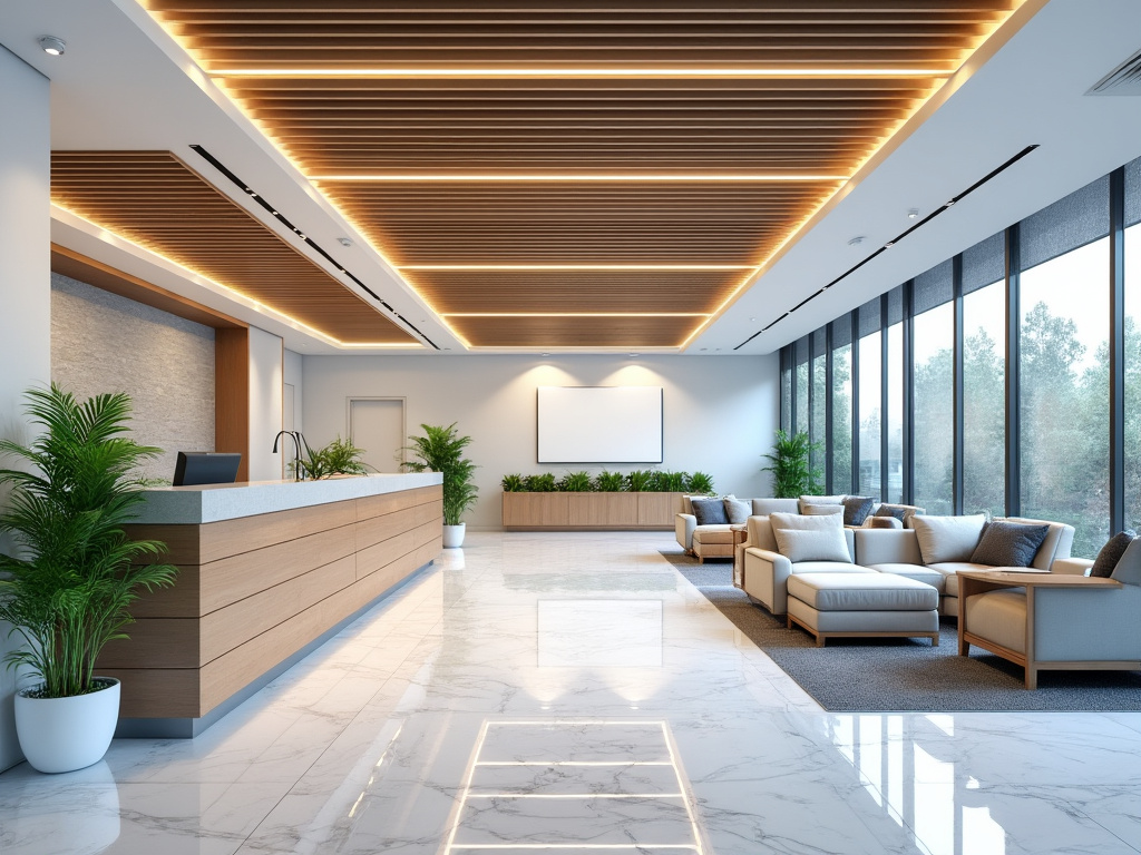 Recepción moderna con mostrador de madera, sillones cómodos, plantas decorativas y techo con iluminación elegante.