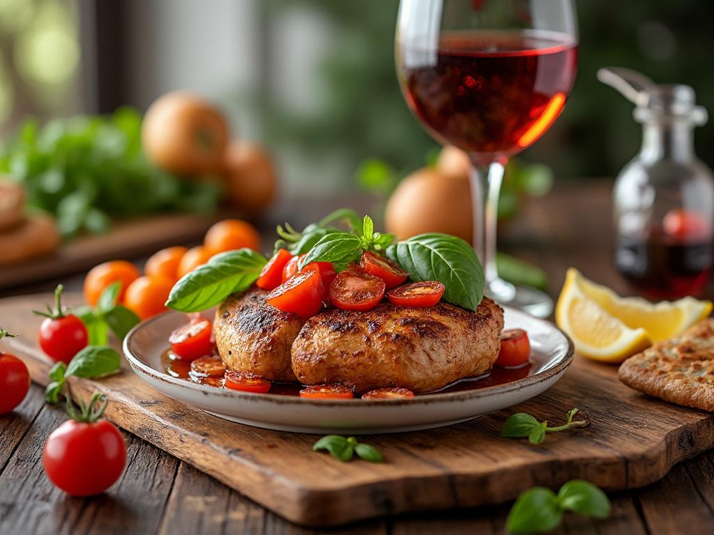 Plato de carne asada con rodajas de tomate cherry y hojas de albahaca, acompañado de una copa de vino tinto y limones en una mesa rústica.