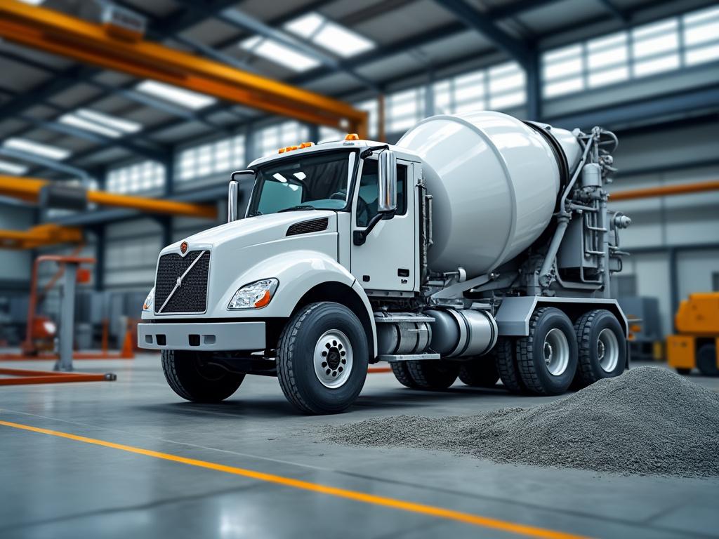 Camión mezclador de cemento blanco en un taller industrial, rodeado de maquinaria y pilas de grava.