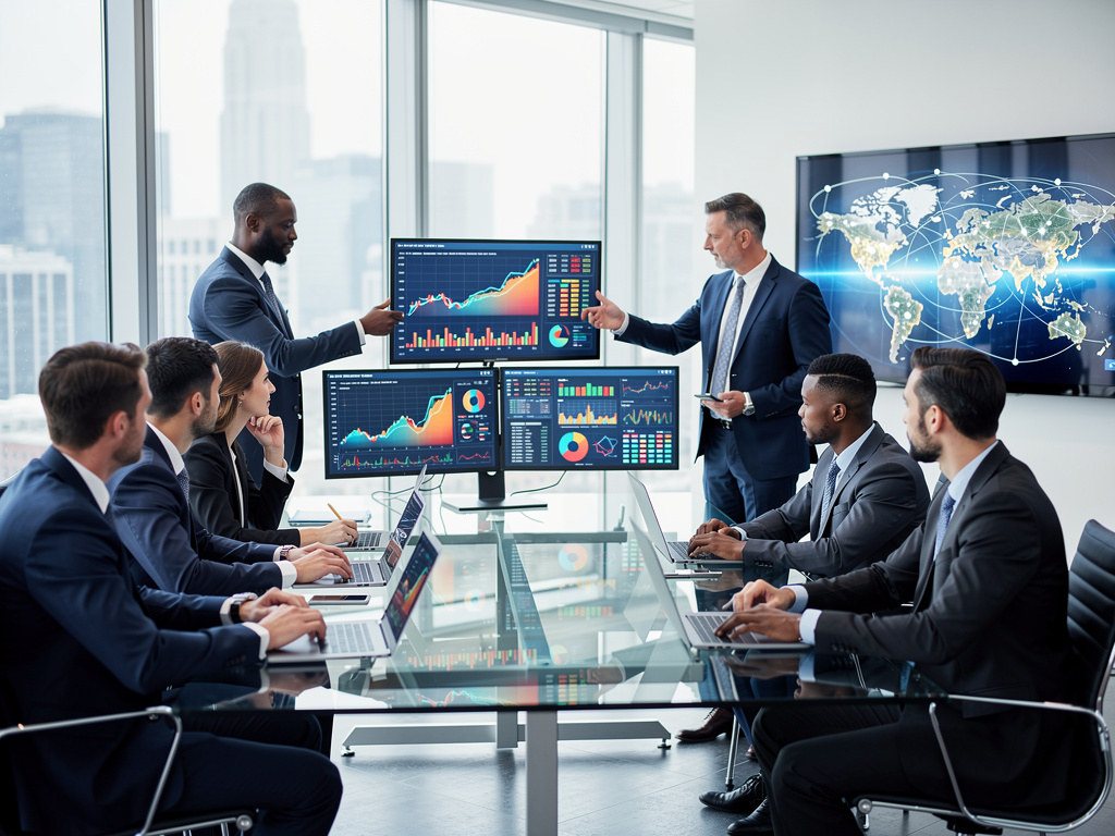Business executives in a modern boardroom analyzing financial charts and global market data on digital screens