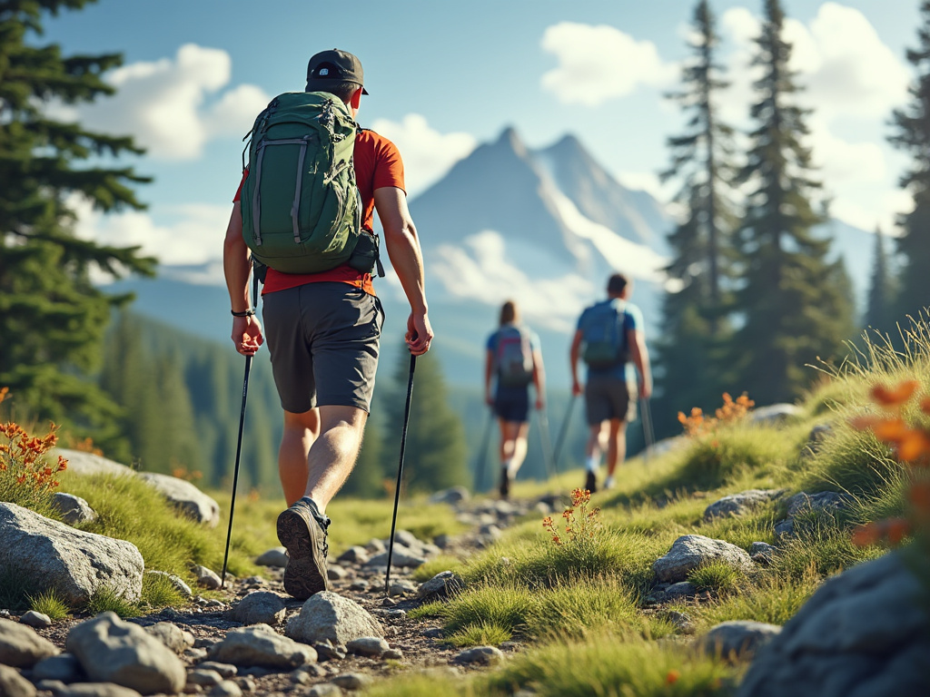 Three hikers on a trail with trekking poles and backpacks, set against a scenic mountain backdrop and surrounded by trees.